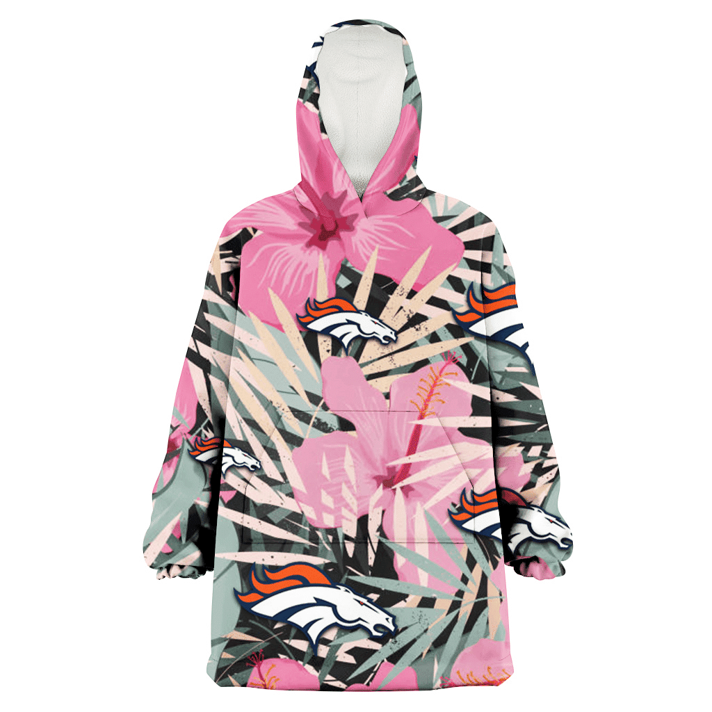 Denver Broncos Light Pink Hibiscus Pale Green Leaf Black Background 3D Printed Hoodie Blanket Snug Hoodie