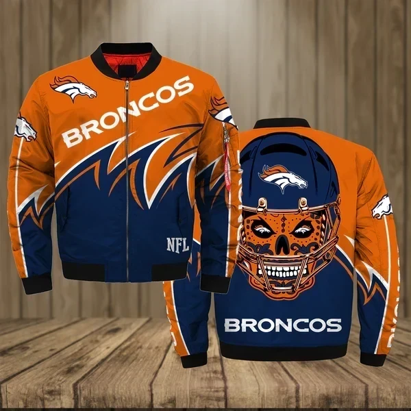 Denver Broncos With Skull Pattern Bomber Jacket Orange And Navy Blue