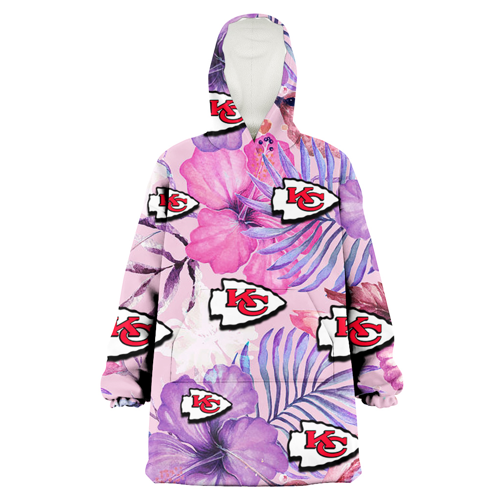 Kansas City Chiefs White Purple Hibiscus Pink Hummingbird Pink Background 3D Printed Hoodie Blanket Snug Hoodie