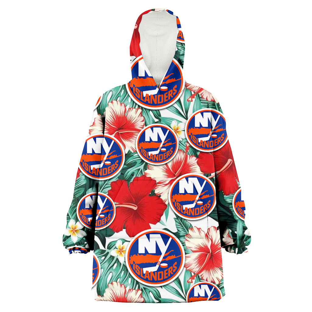 New York Islanders Red Coral Hibiscus White Porcelain Flower Banana Leaf 3D Printed Hoodie Blanket Snug Hoodie