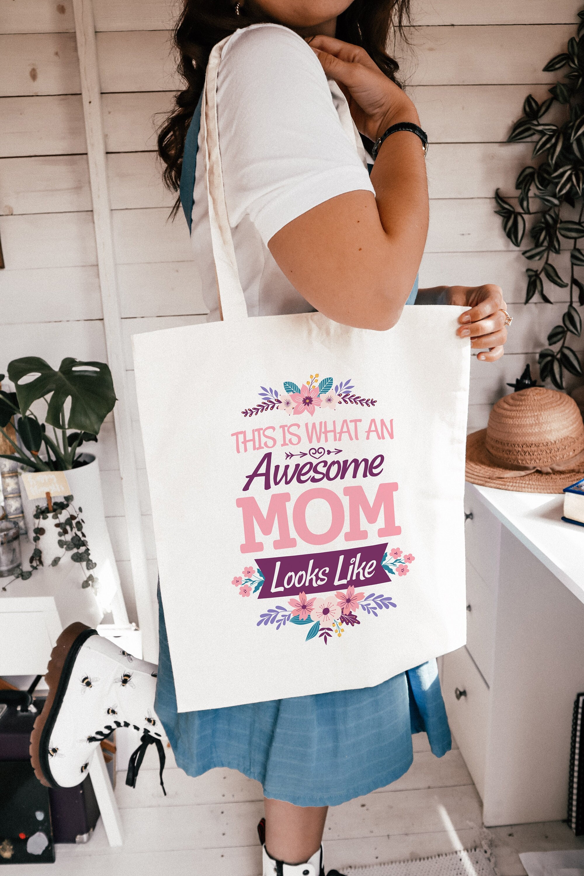 Awesome Mom Canvas Tote Bag new mom gift cute tote bag Mother Days gift for Mom birthday motherly gift from step son daughter mothers day