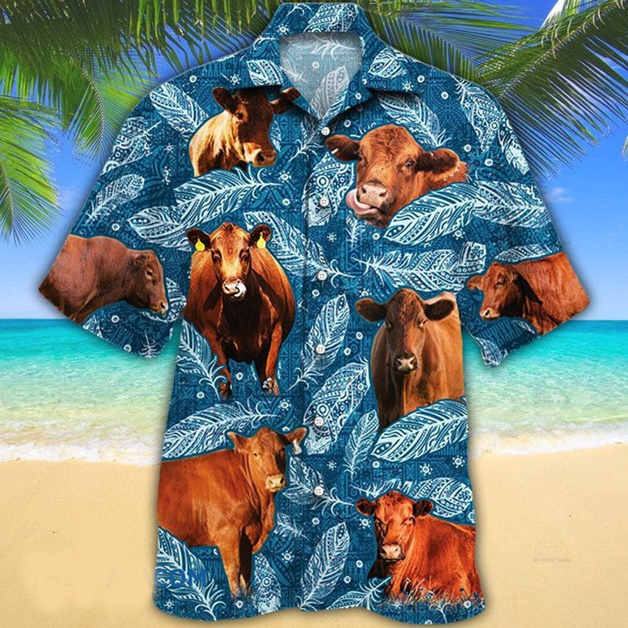 Red Angus Cattle Lovers Blue Feather Hawaii Hawaiian Shirt, Gift For Cow Lovers