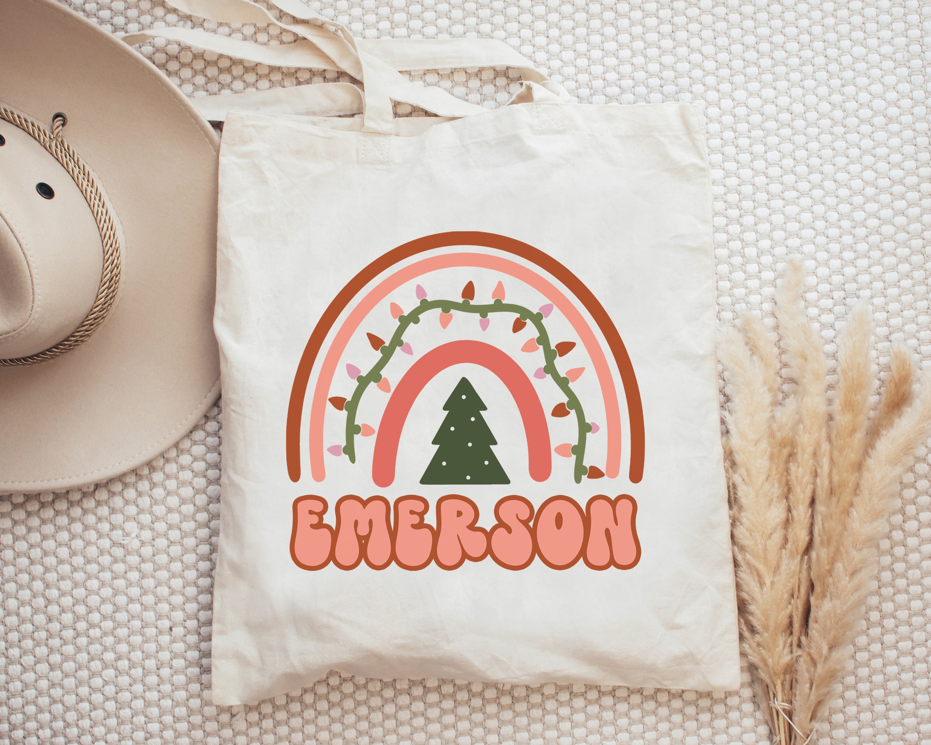 Christmas Tote Bag Custom Name Christmas Bag Holiday Tote Bag Kid’s Candy Bag Christmas Gift Bag Boho Rainbow Tote Bag Personalized Tote Bag