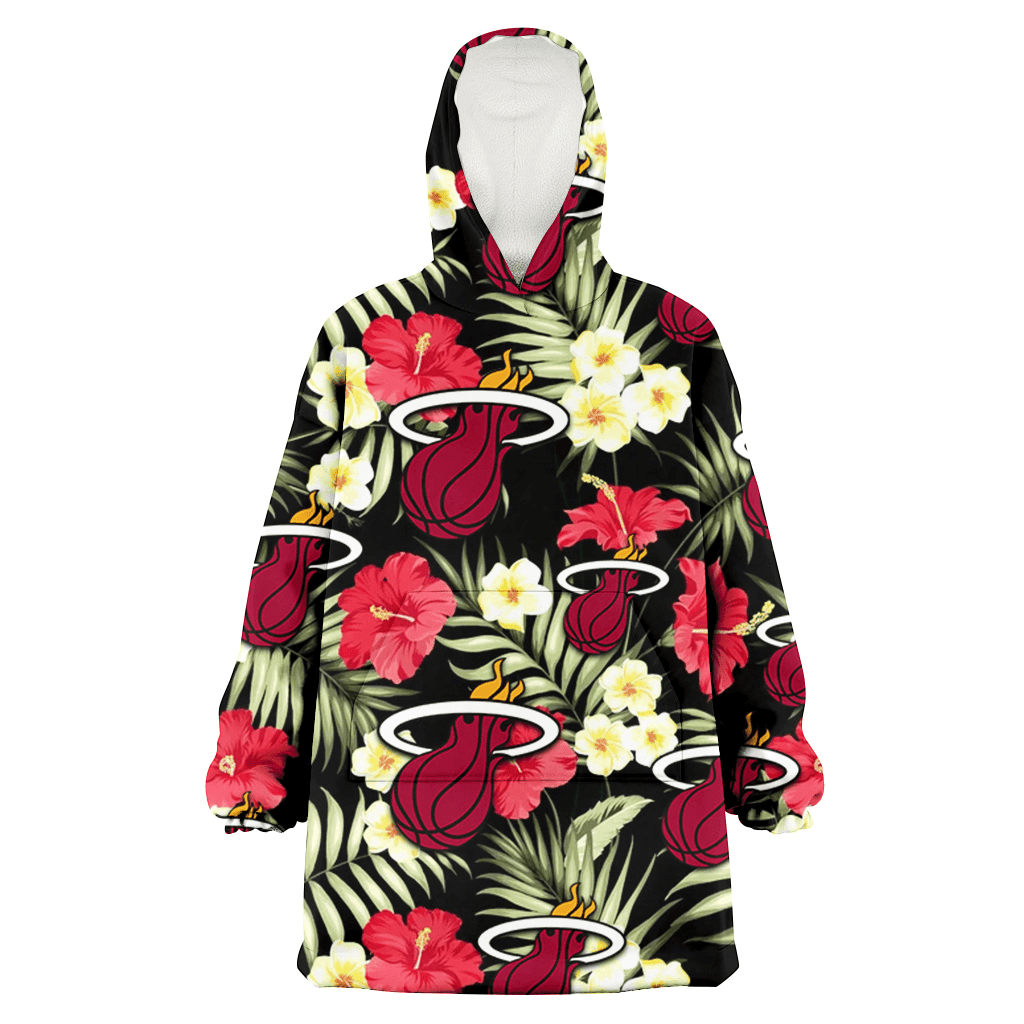 Miami Heat Red Hibiscus Yellow Porcelain Flower Black Background 3D Printed Hoodie Blanket Snug Hoodie