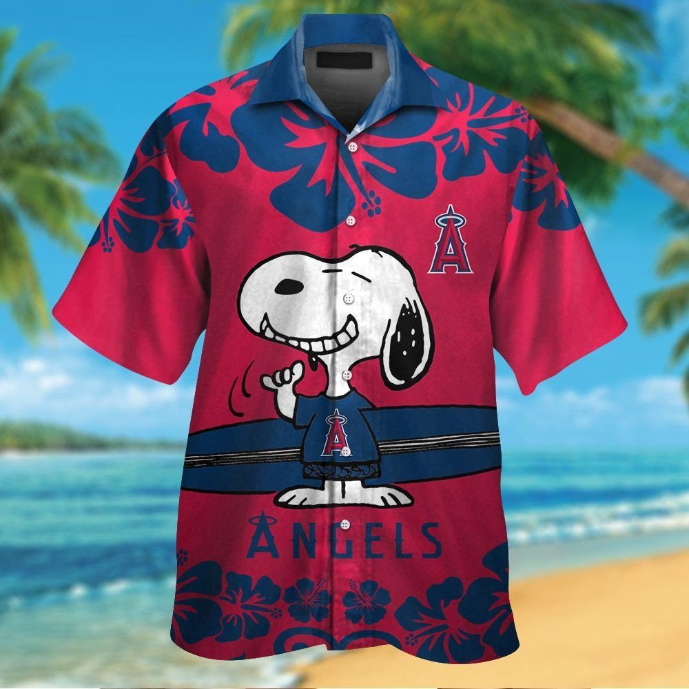 Los Angeles Angels Snoopy Short Sleeve Button Up Tropical Hawaiian Shirt