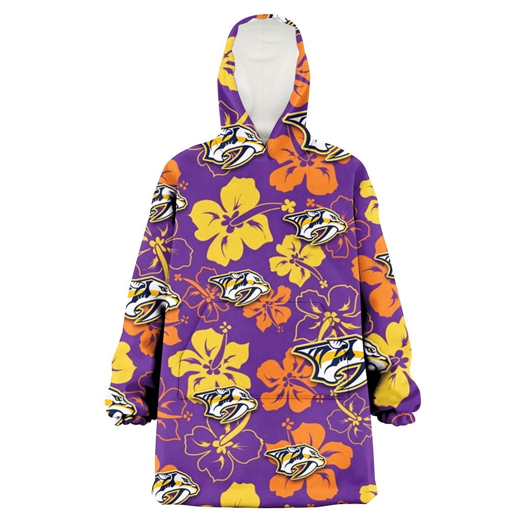 Nashville Predators Yellow And Orange Hibiscus Purple Background 3D Printed Hoodie Blanket Snug Hoodie