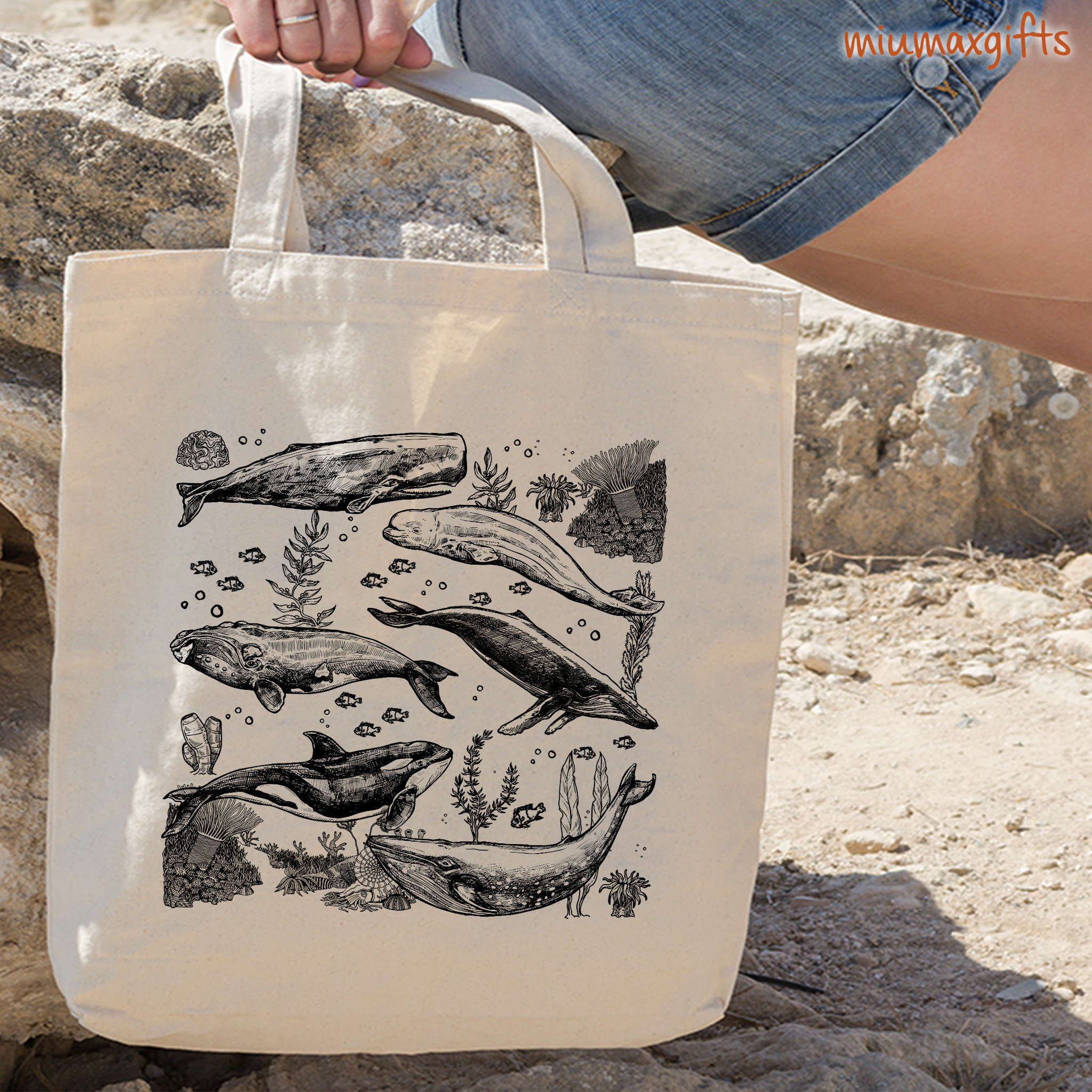 Whales Tote Bag, Design By Miumaxgift, Ocean Life Bag, Cotton Tote Bag, Eco-Friendly Tote Bag, Animal Bag