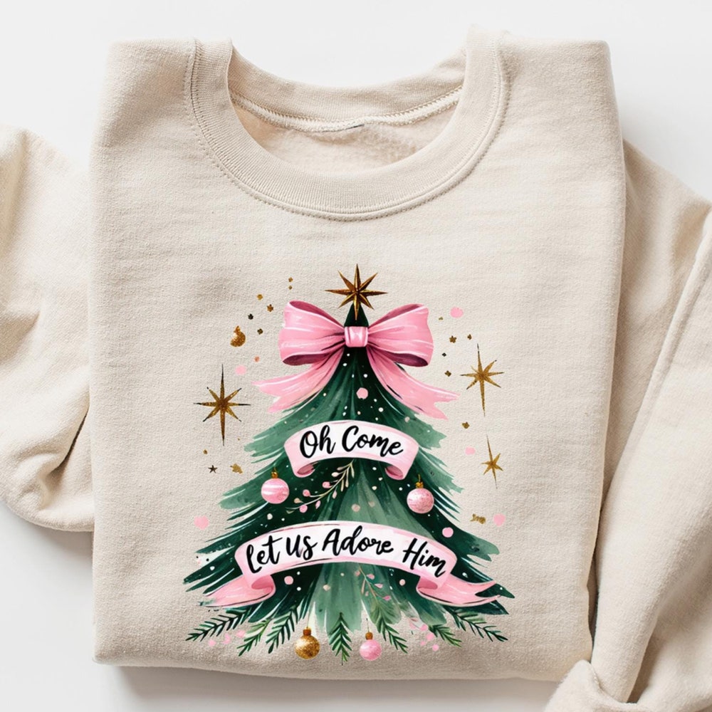 Oh Come Let Us Adore Him Sweatshirt, Jesus Christmas Sweater, Pink Coquette Christmas Tree T-Shirt, Christian Christmas Shirt Modishstudio