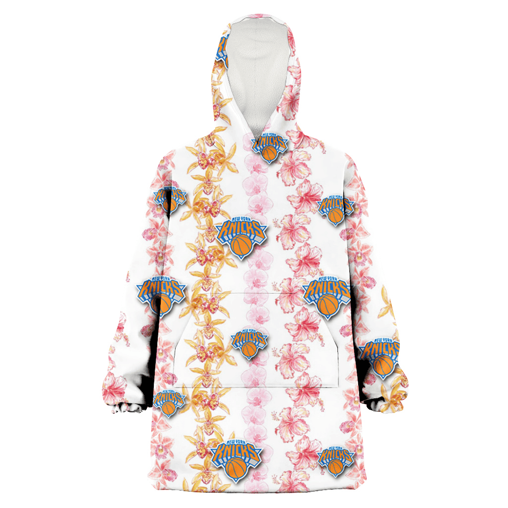 New York Knicks Pink Hibiscus Yellow Pink Orchid White Background 3D Printed Hoodie Blanket Snug Hoodie