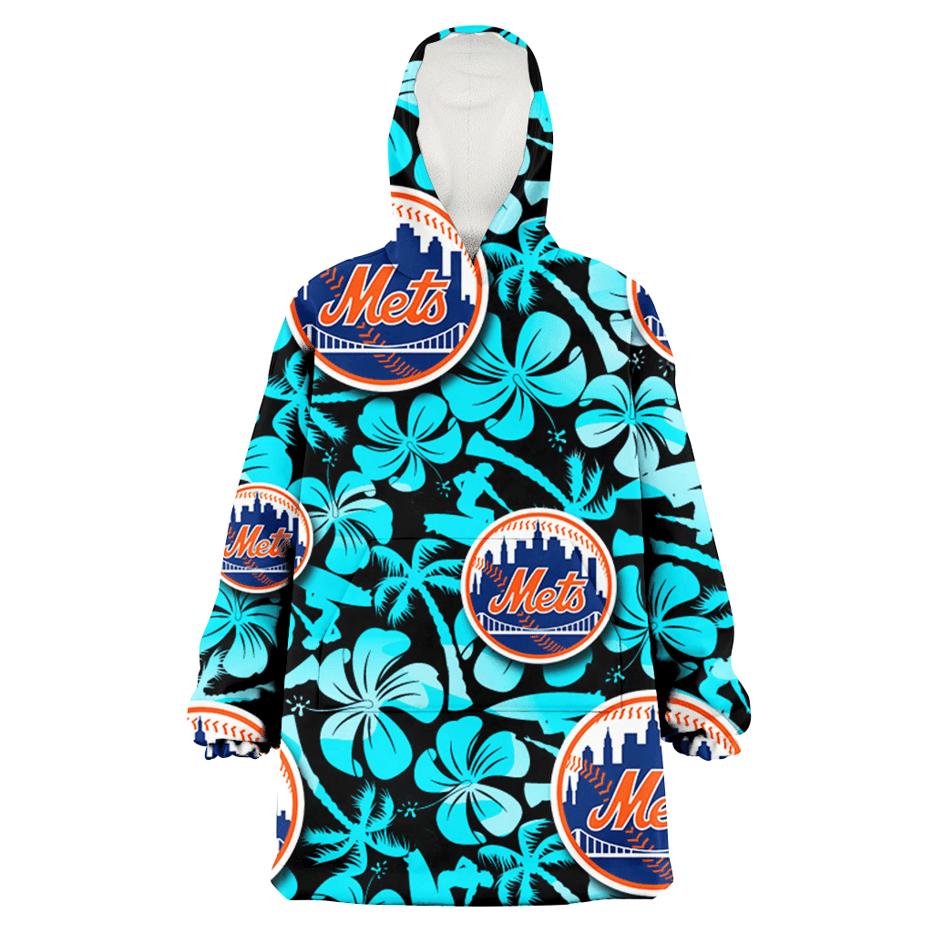 New York Mets Blue Hibiscus Blue Coconut Tree Black Background 3D Printed Hoodie Blanket Snug Hoodie