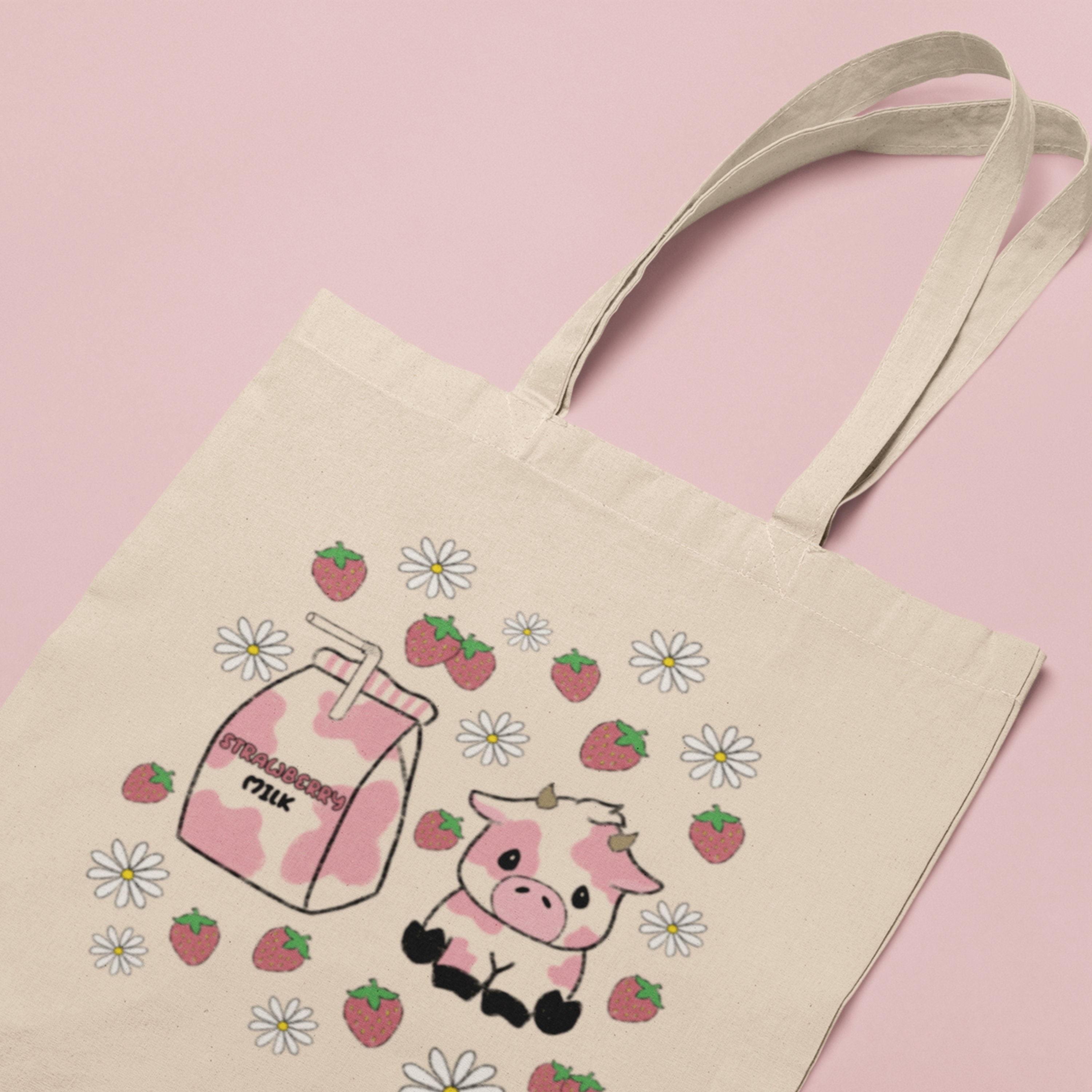 Strawberry Milk Canvas Tote Bag, Kawaii Tote, Bookish Tote Bag, Book Bag, Everyday Tote, Cute Bag, Teacher Gifts, Holiday Gifts