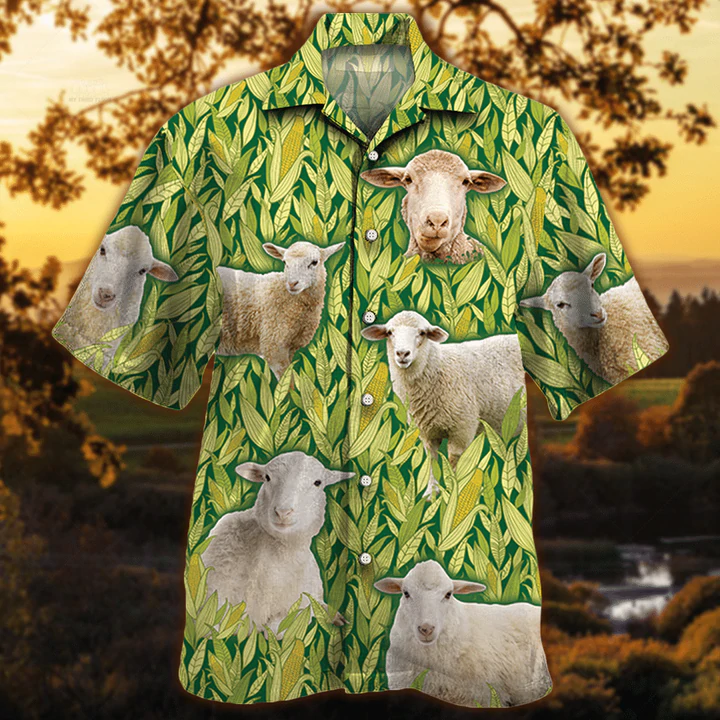 Sheep Lovers Corn Pattern Hawaiian Shirt, Vintage Farm Hawaiian Shirts For Men – Animals Mens Hawaiian Shirts