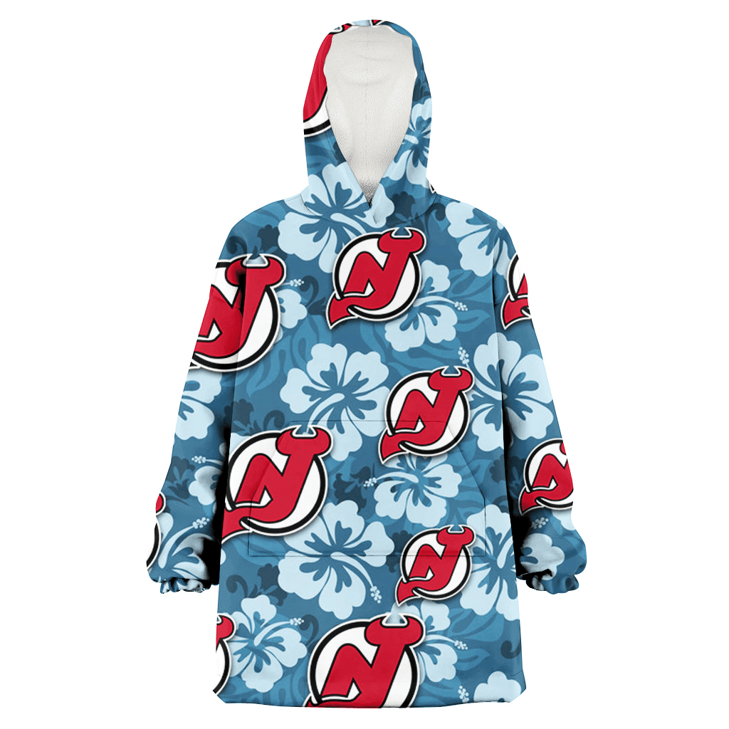 New Jersey Devils Light Blue Hibiscus Blue Background 3D Printed Hoodie Blanket Snug Hoodie