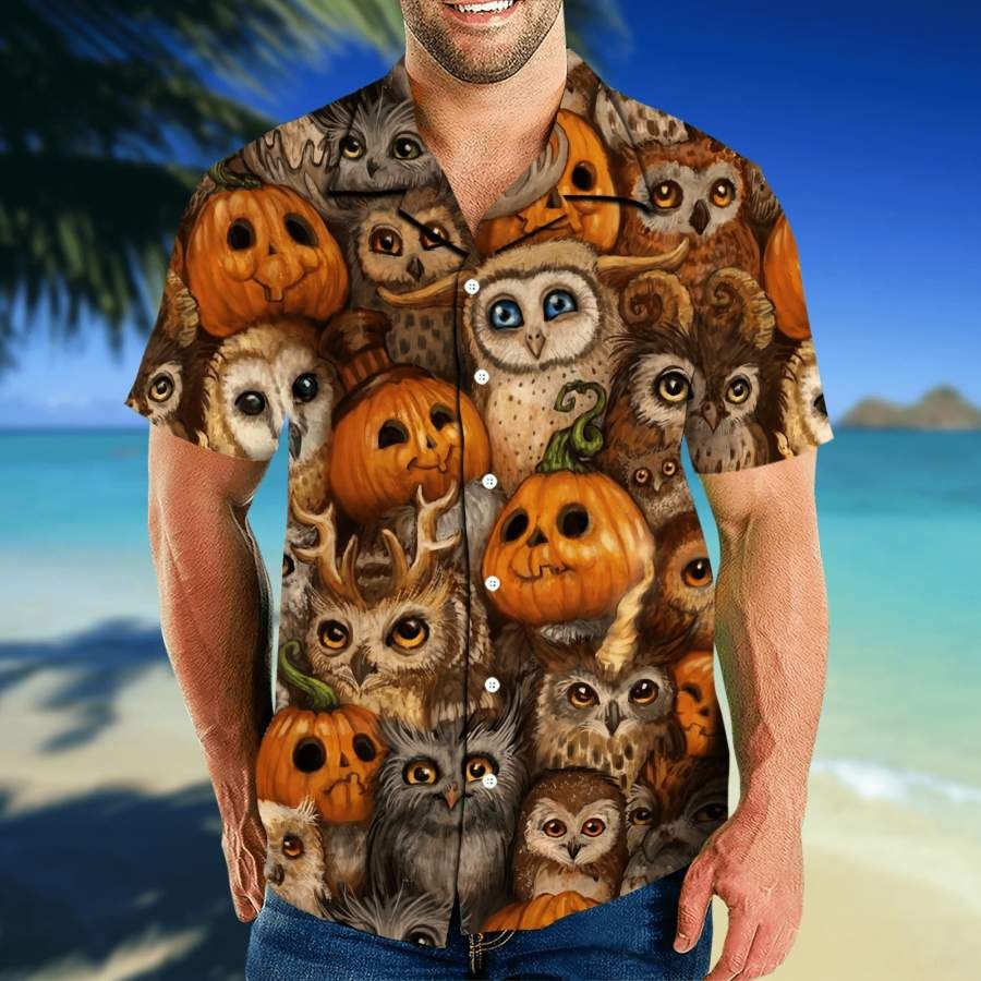 Hawaiian Aloha Shirts Owl Pumkin Hal …