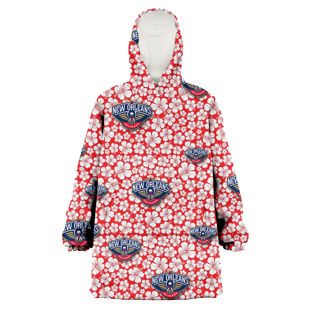 New Orlean Pelicans Tiny White Hibiscus Pattern Red Background 3D Printed Hoodie Blanket Snug Hoodie