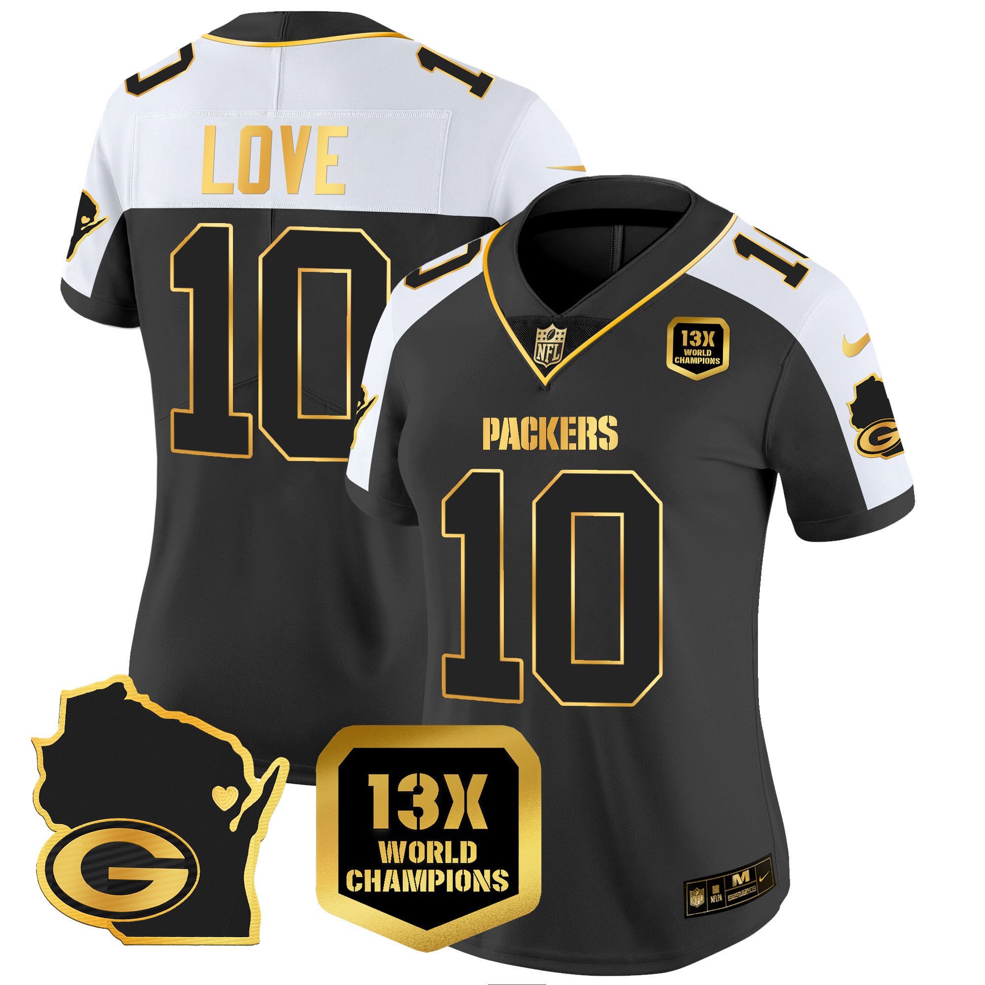 Women’S Packers 13 Time World Champions & Home Patch Gold Vapor Jersey V2 – All Stitched