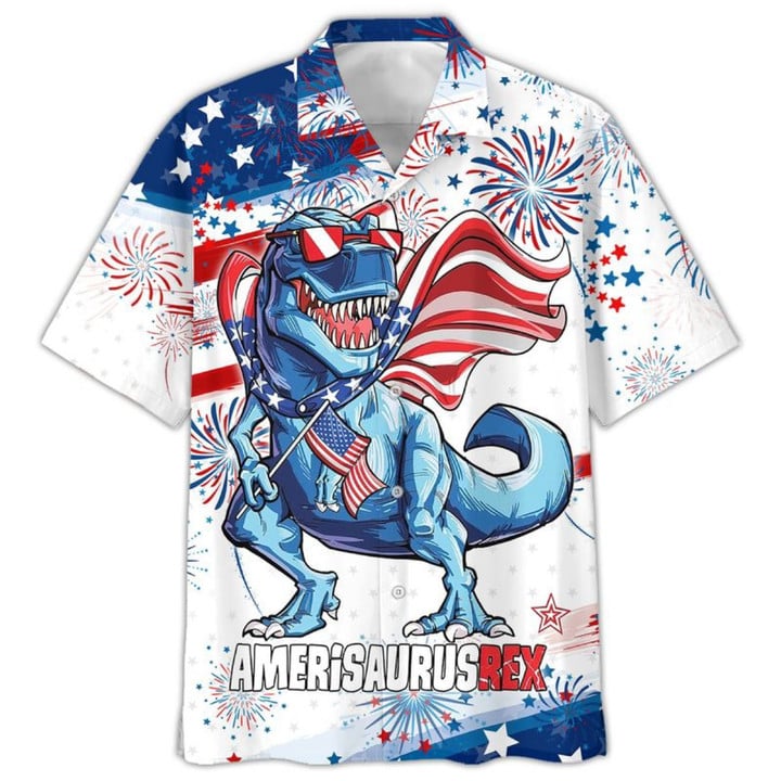 3D All Over Printed 4Th Of July Hawaiian Shirt, Amerisaurusrex Hawaii Beach Shirt, Saurus Usa Hawaiian Shirt, Hawaiian Shirt For Men