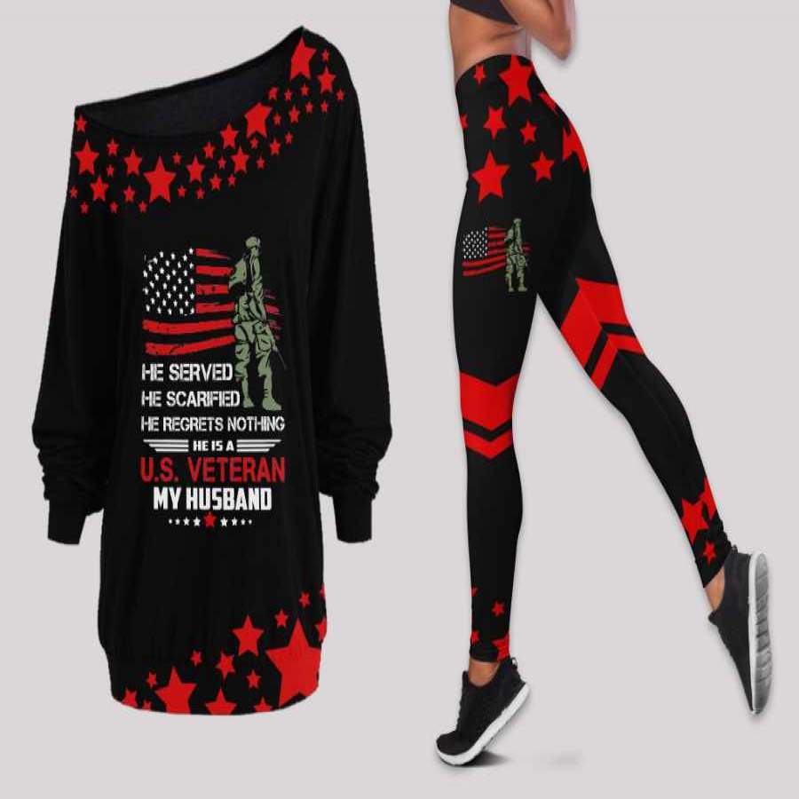 He Served He Sacrificed He Regrets Nothing My Husband Is A Us Veteran Off Shoulder Long Sleeves Top And Leggings Set