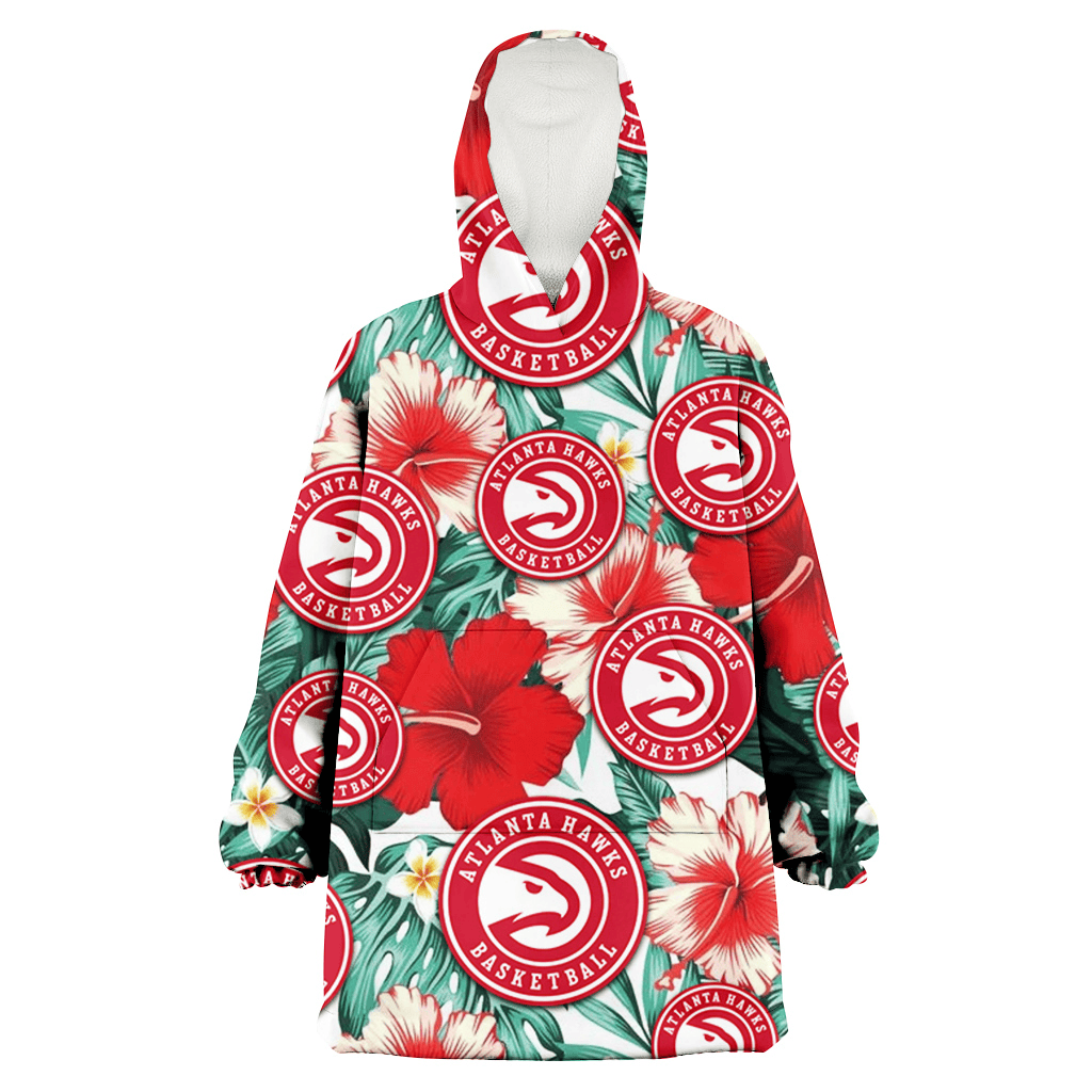 Atlanta Hawks Red Coral Hibiscus White Porcelain Flower Banana Leaf 3D Printed Hoodie Blanket Snug Hoodie