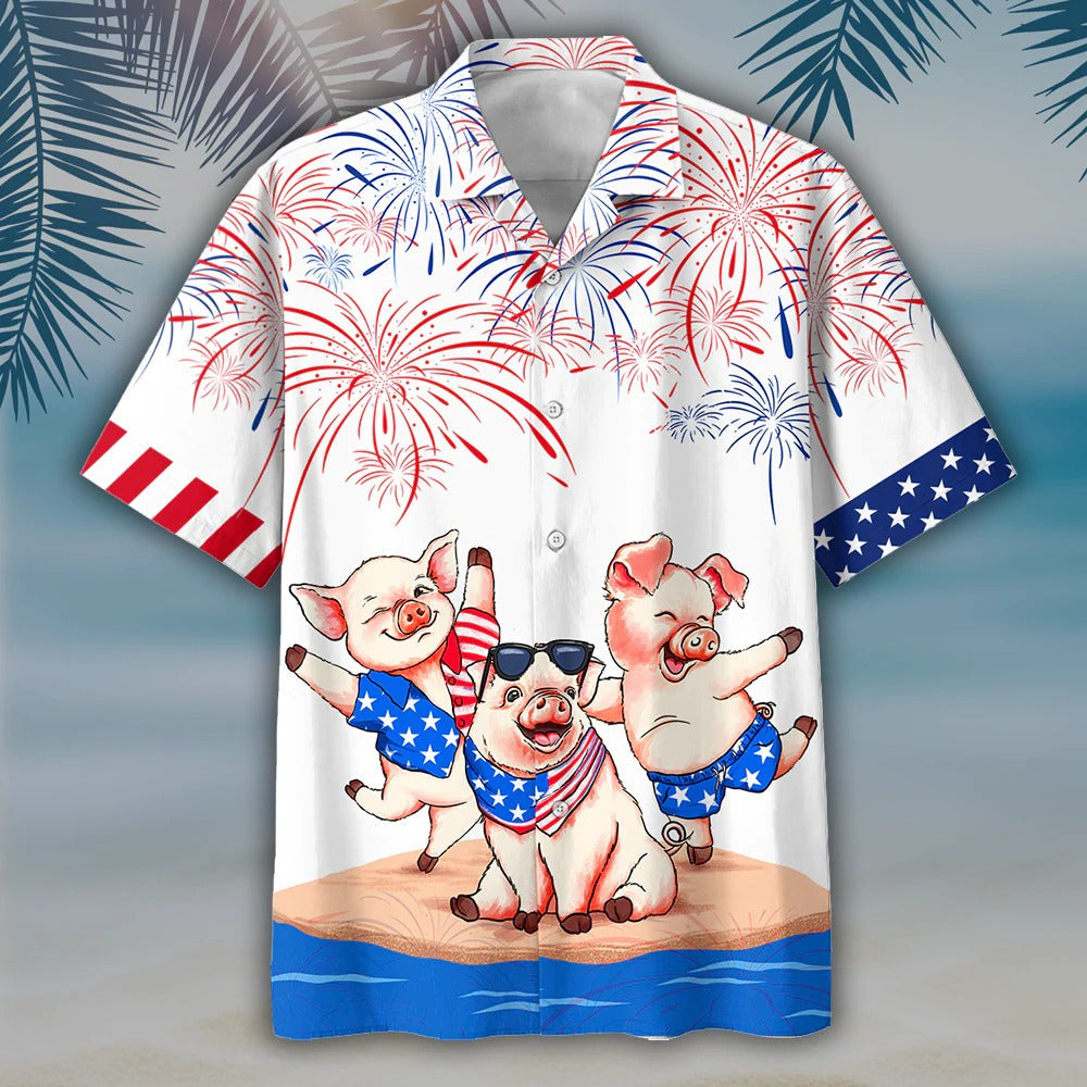 Pig’S 3D Full Print Hawaiian Shirts, Independence Day Is Coming, Happy 4Th Of July Pig Aloha Beach Shirt