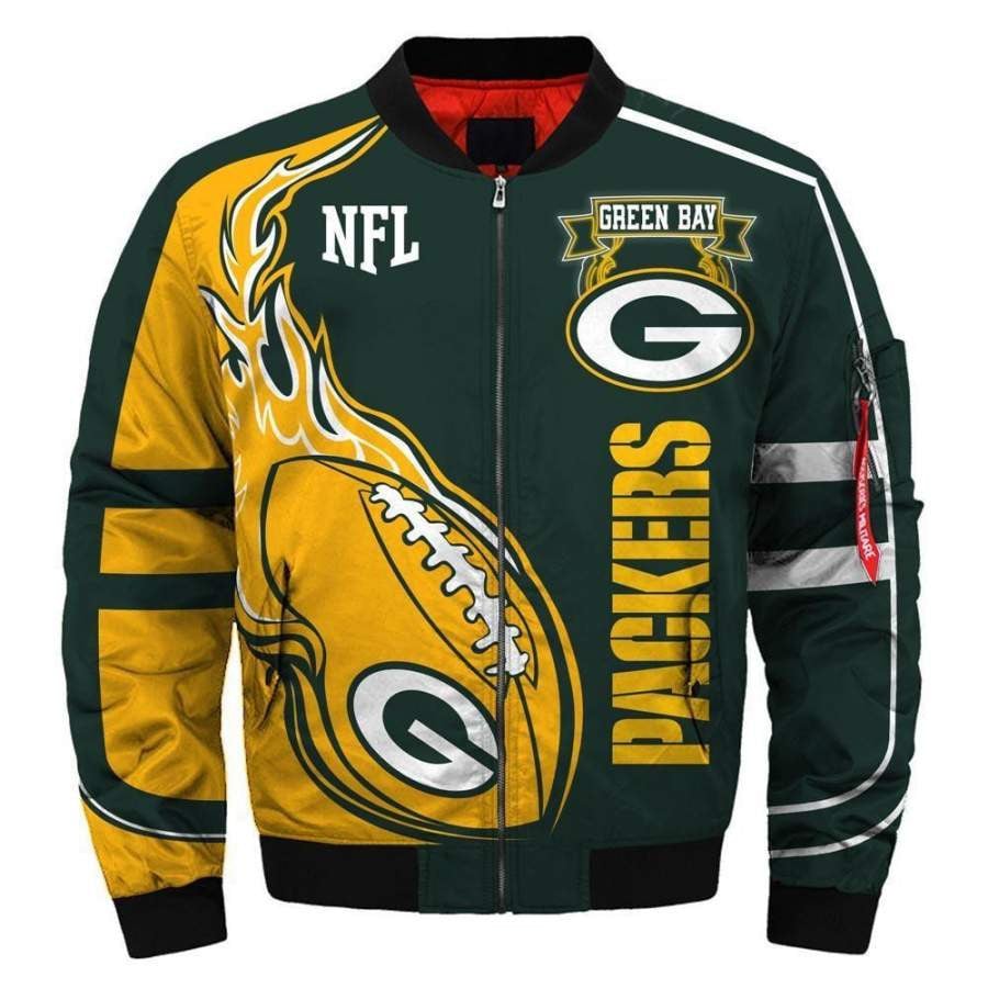 Green Bay Packers Pattern Bomber Jacket Green And Yellow