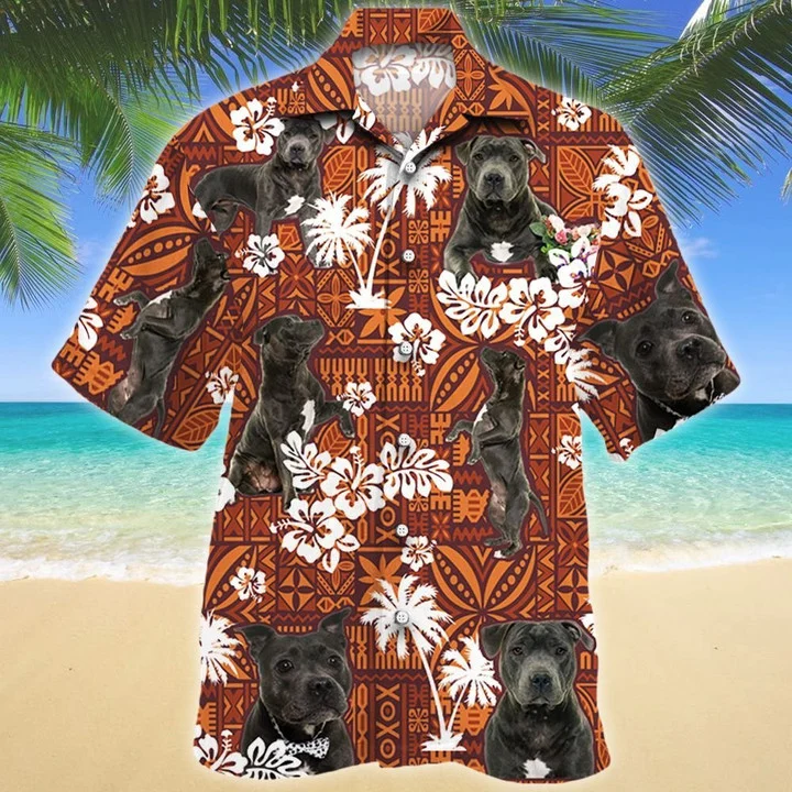 Staffordshire Bull Terrier Dog Red And Orange Tribal Pattern Hawaiian Shirt