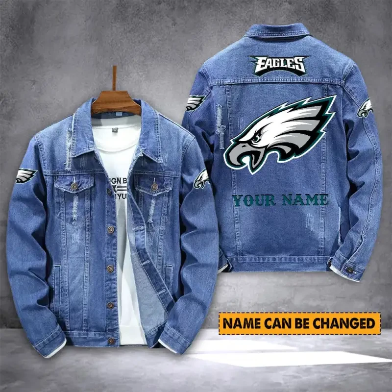 Philadelphia Eagles NFL Team Name Personalized Back Sleeve Logo Blue Huge Pattern Denim Jacket