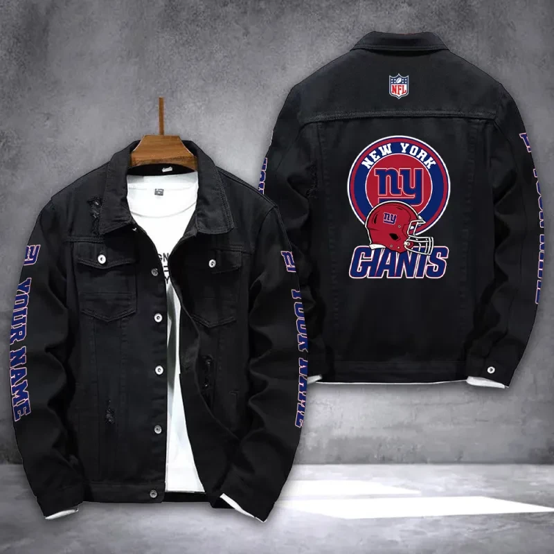 New York Giants NFL Team Name Personalized Sleeve Back Logo Black Denim Jacket