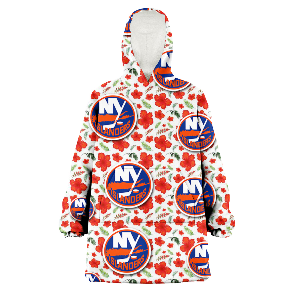 New York Islanders Tiny Red Hibiscus Green Leaf White Cube Background 3D Printed Hoodie Blanket Snug Hoodie