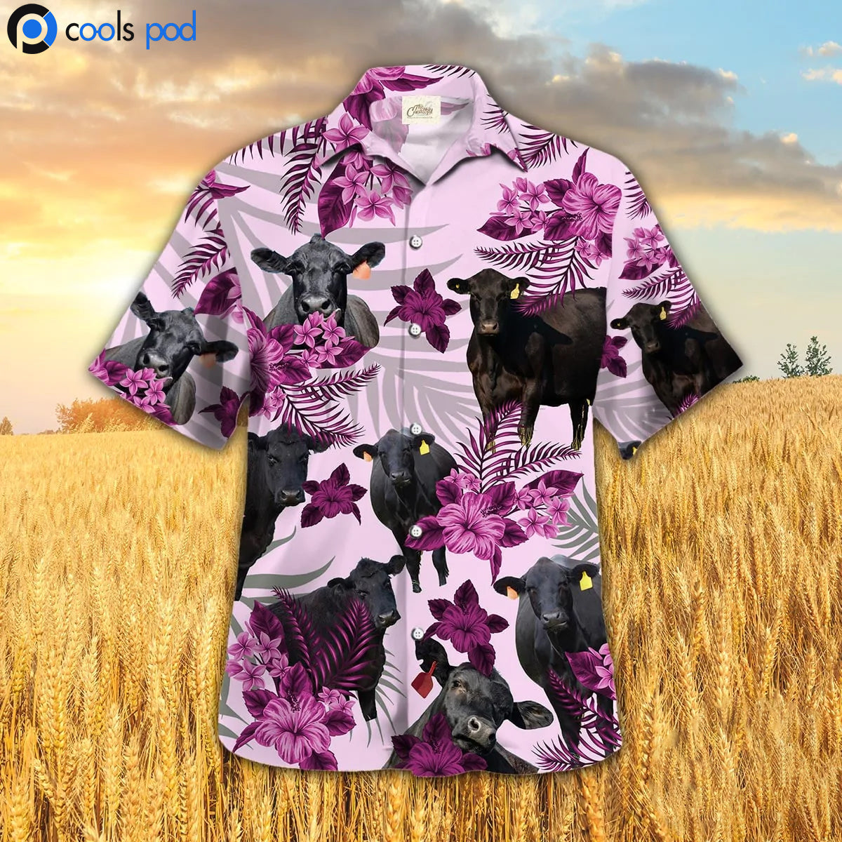 Black Angus Hibiscus Hawaiian Shirt, Pink Farm Hawaiian Shirt Short Sleeve, Hawaiian Shirts