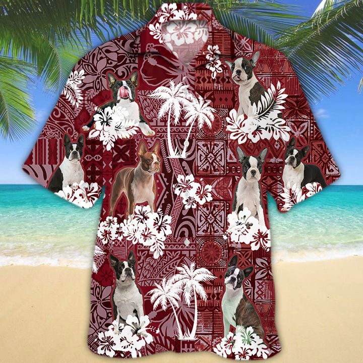 Boston Terrier Hawaiian Shirt, Dog Aloha Beach Shirt Red Tribal Pattern