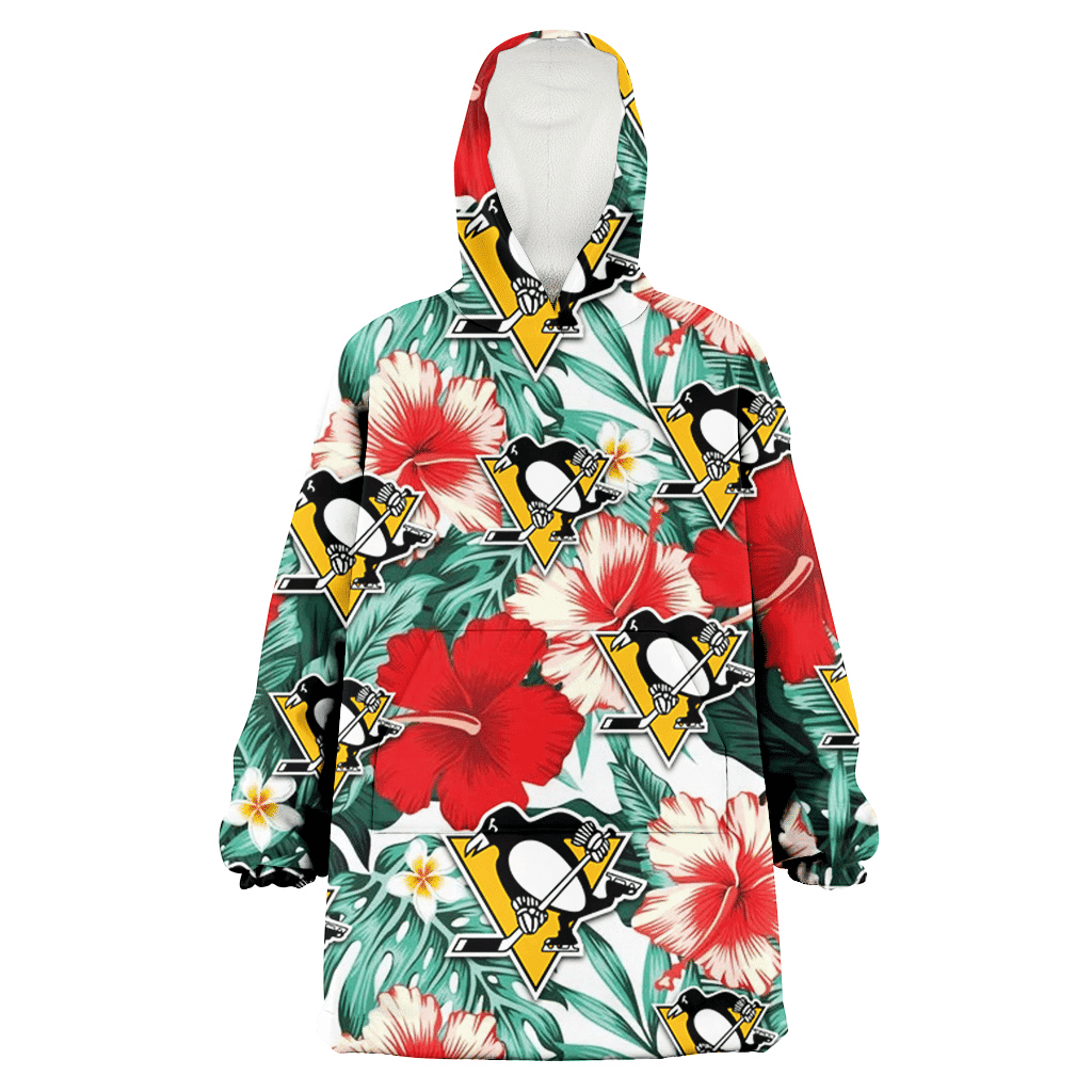 Pittsburgh Penguins Red Coral Hibiscus White Porcelain Flower Banana Leaf 3D Printed Hoodie Blanket Snug Hoodie