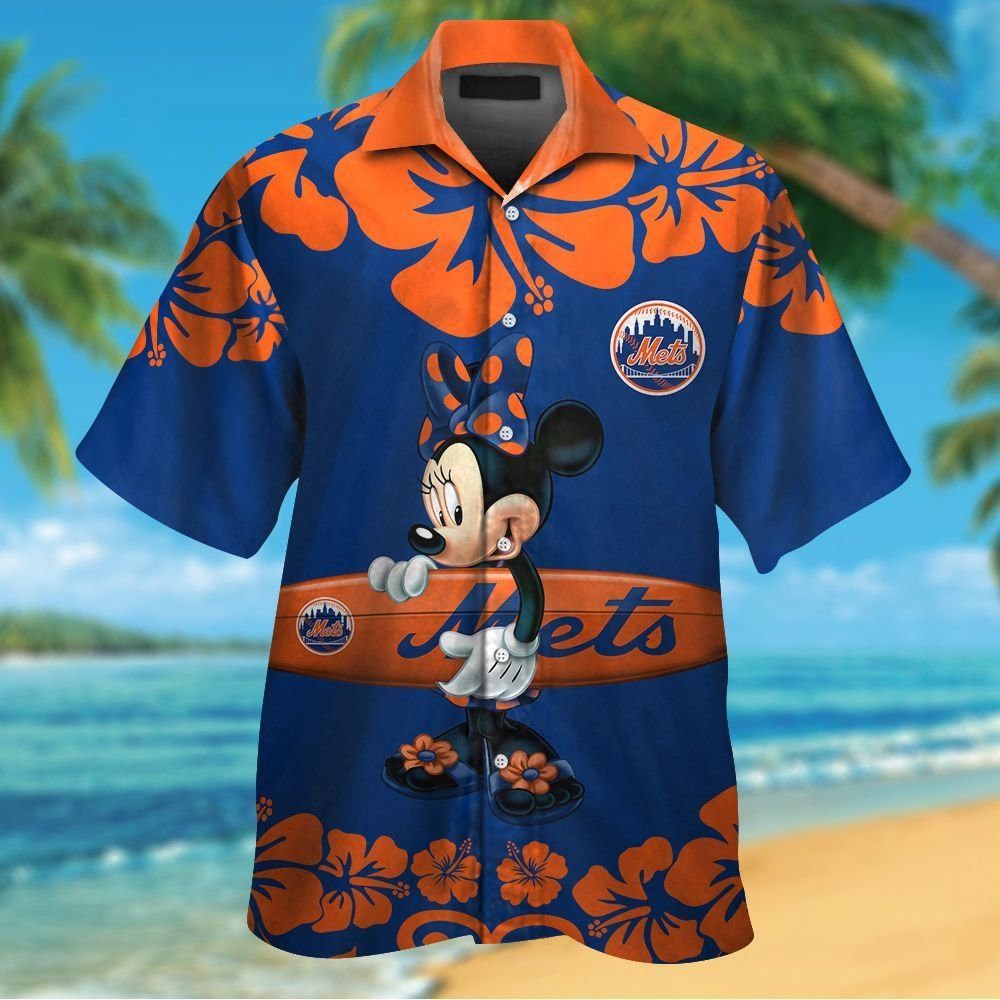 New York Mets Minnie Mouse Short Sleeve Button Up Tropical Hawaiian Shirt