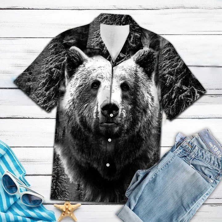 Wild Bear Black And White Portrait Design Themed Hawaiian Shirt, Short Sleeve Hawaiian Aloha Shirt For Men