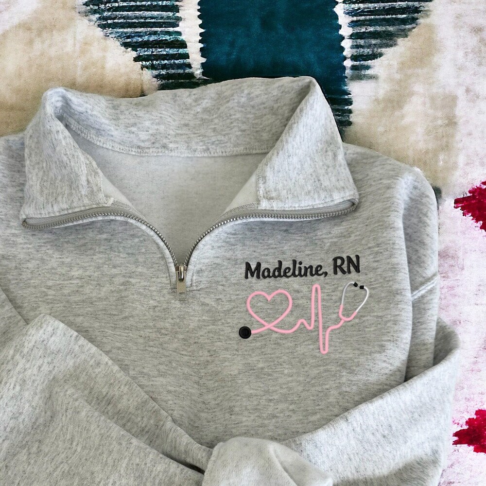 Monogram Nurse Quarter Zip Sweatshirt, Nurse Jacket, Gift For Nurses, Graduation Gifts For Nurses, Heartbeat Nurse Sweatshirt, Embroidered Teerealmstore.Us Glamico