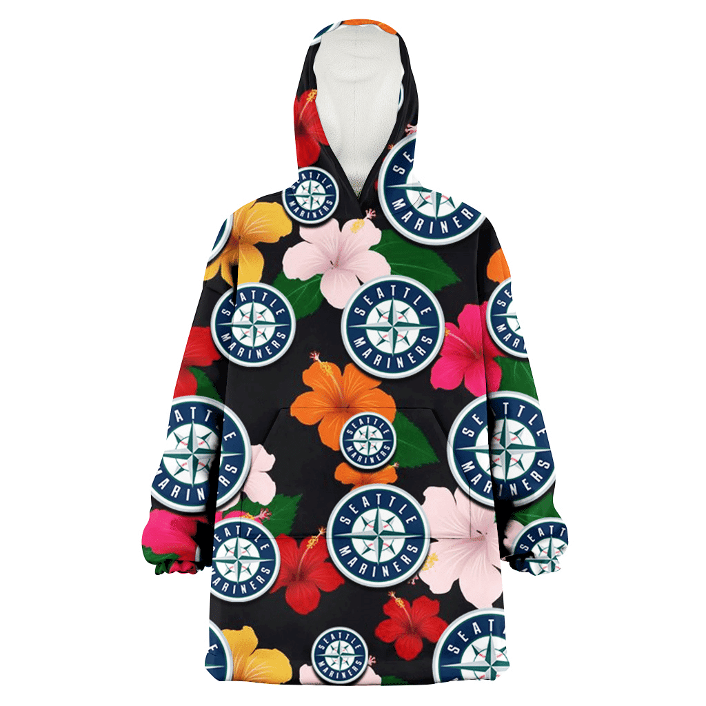 Seattle Mariners Pink Orange Yellow White Hibiscus Black Background 3D Printed Hoodie Blanket Snug Hoodie