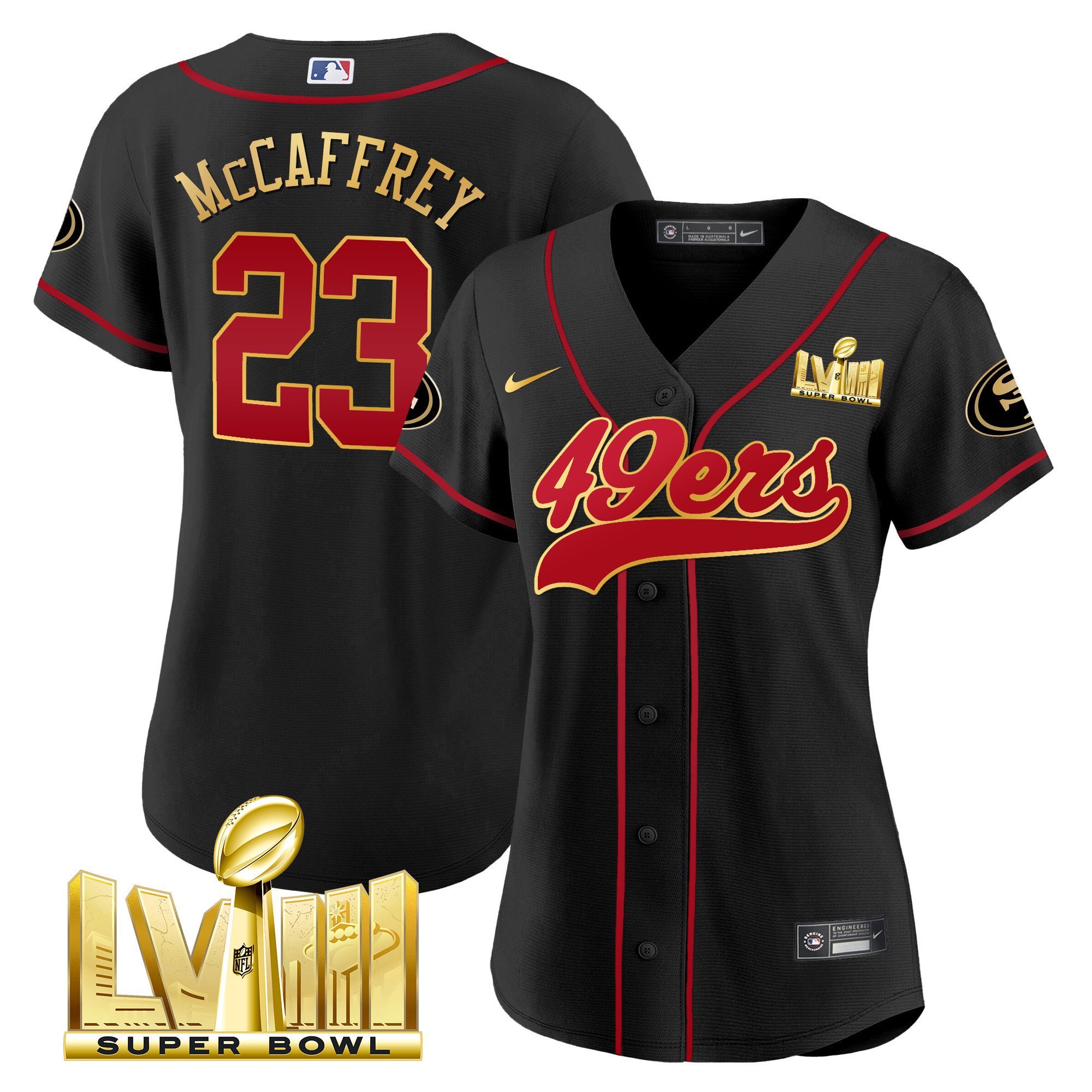 Women’S 49Ers Super Bowl Lviii Gold Patch Baseball Jersey – All Stitched