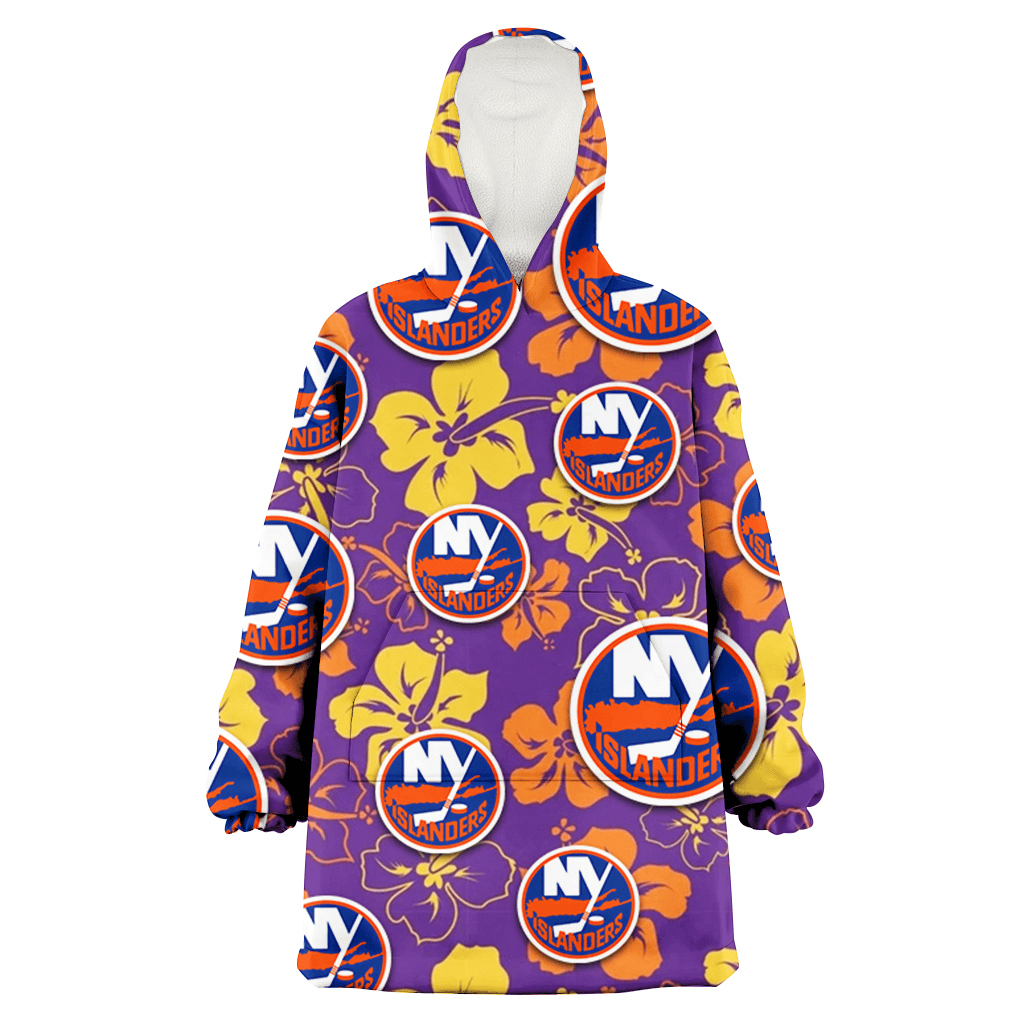 New York Islanders Yellow And Orange Hibiscus Purple Background 3D Printed Hoodie Blanket Snug Hoodie