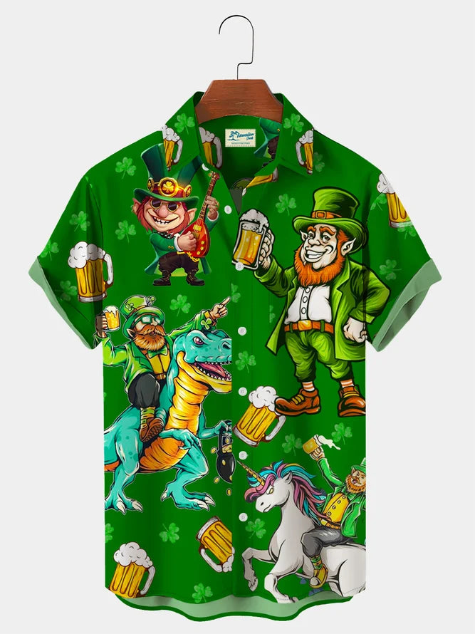 St. Patrick’S Day Green Shamrock Dinosaur Fun Print Hawaiian Shirt Plus Size Vacation Shirt