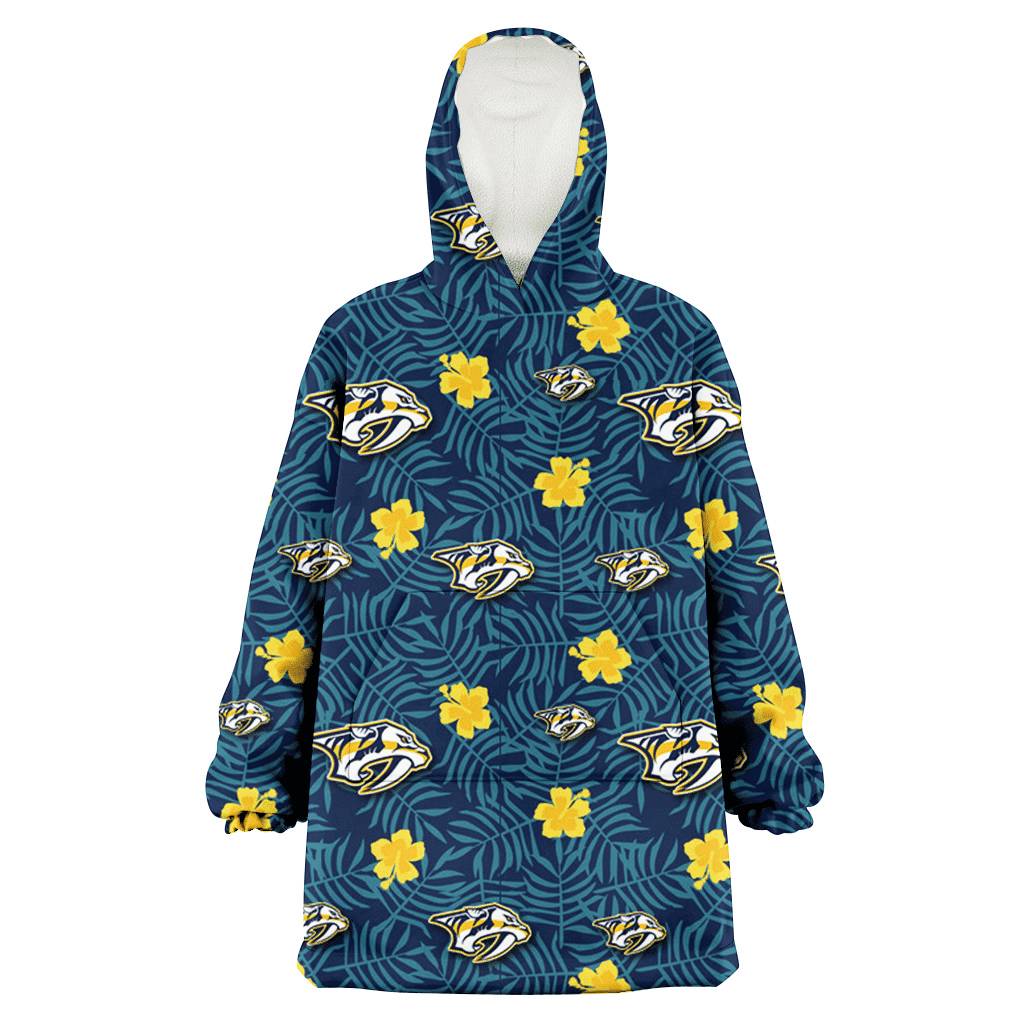 Nashville Predators Yellow Hibiscus Cadet Blue Leaf Navy Background 3D Printed Hoodie Blanket Snug Hoodie