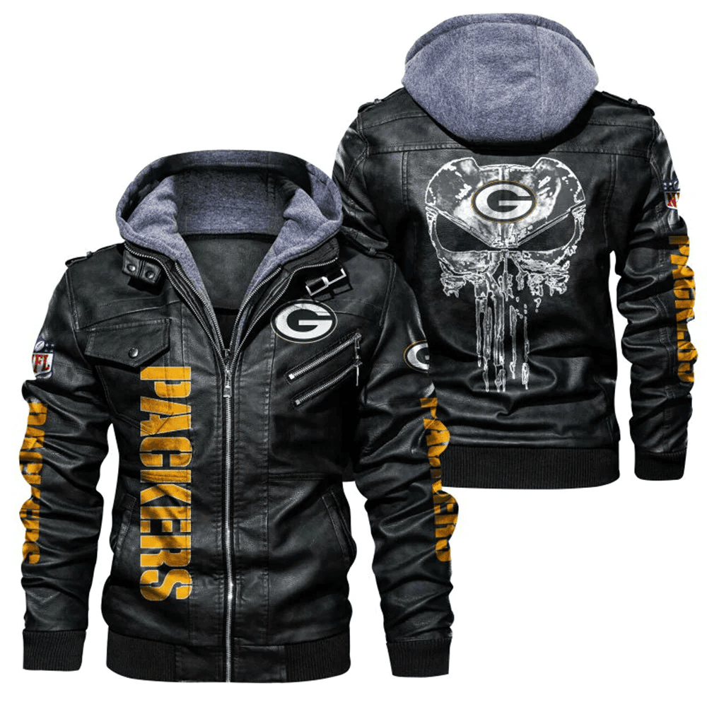 Green Bay Packers Skull Zip Leather Jacket With Hood