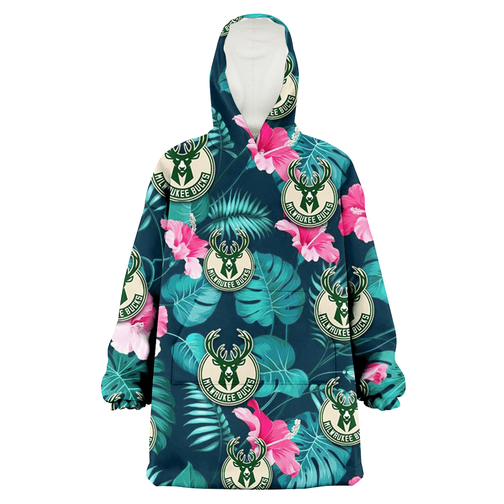 Milwaukee Bucks Pink Hibiscus Green Leaves Dark Background 3D Printed Hoodie Blanket Snug Hoodie