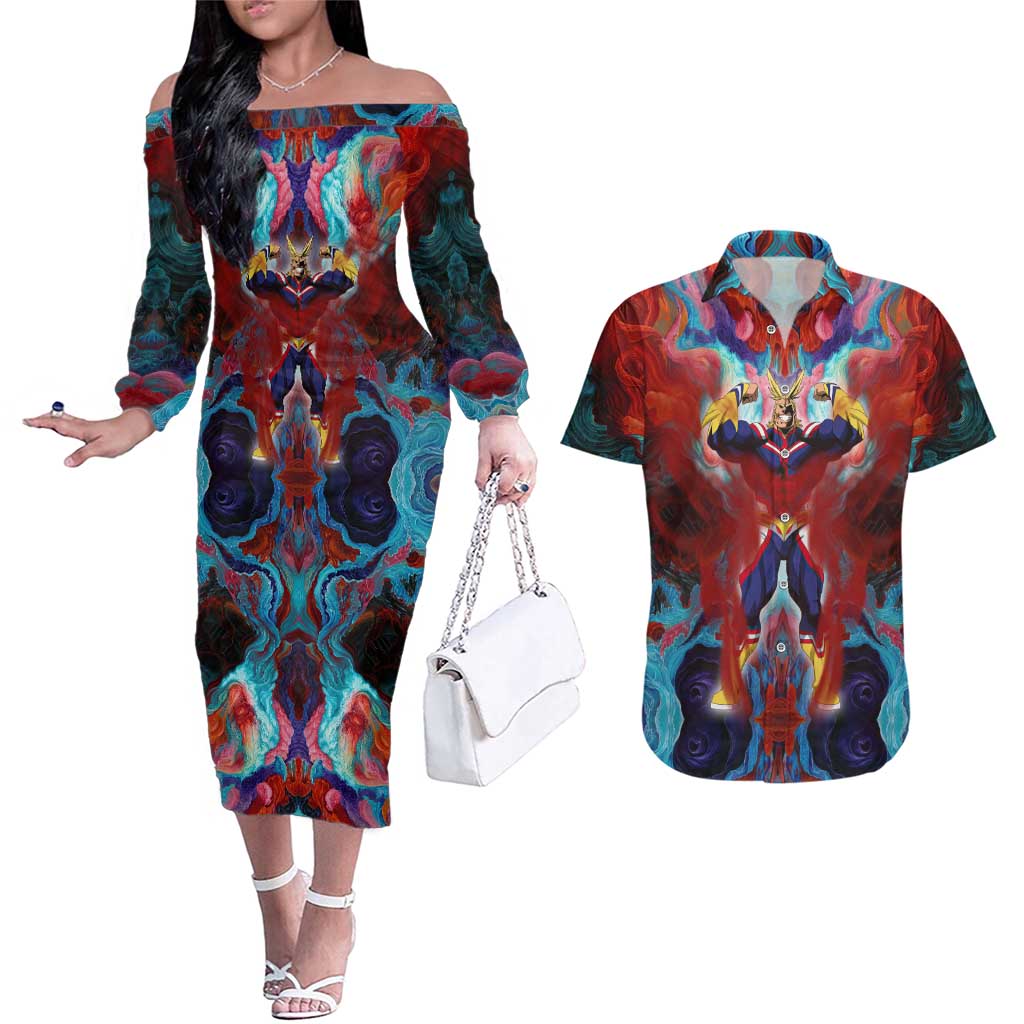 Atmospheric Blast All Might My Hero Academia Couples Matching Off The Shoulder Long Sleeve Dress And Hawaiian Shirt Anime Mix Abstracs Trippy Style Ts04