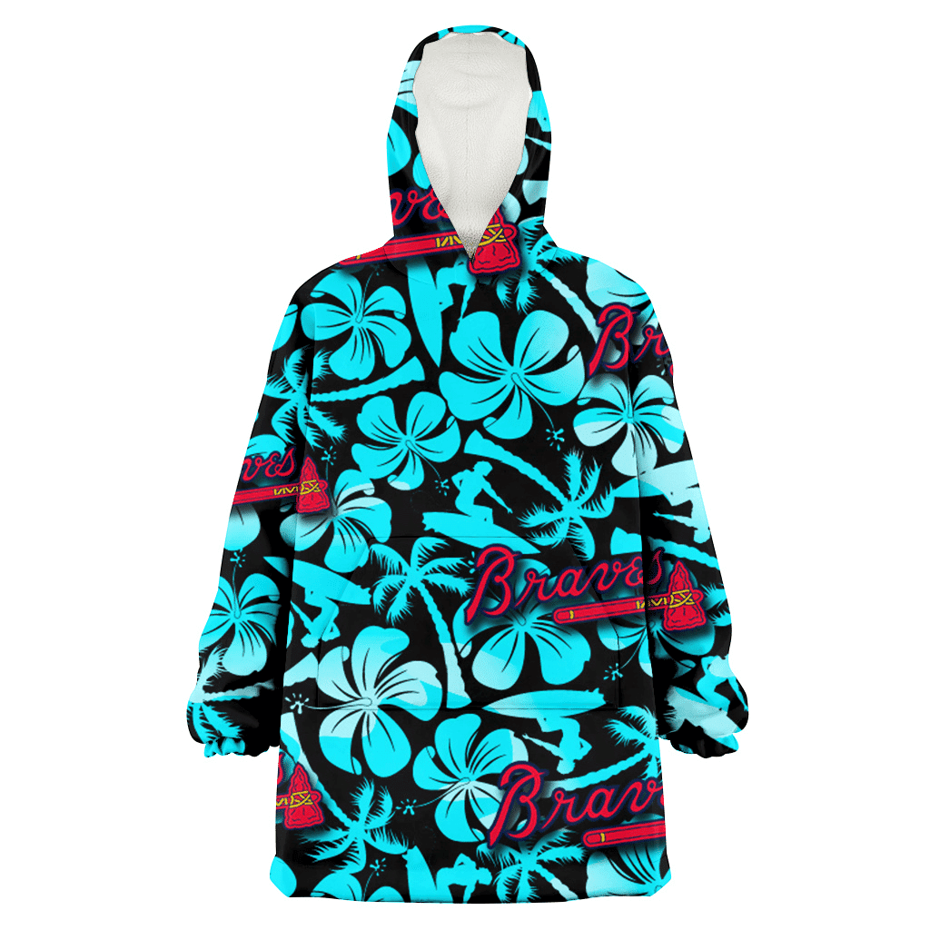 Atlanta Braves Blue Hibiscus Blue Coconut Tree Black Background 3D Printed Hoodie Blanket Snug Hoodie