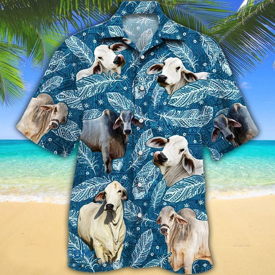 Brahman Cattle Lovers Blue Feather Hawaii Hawaiian Shirt