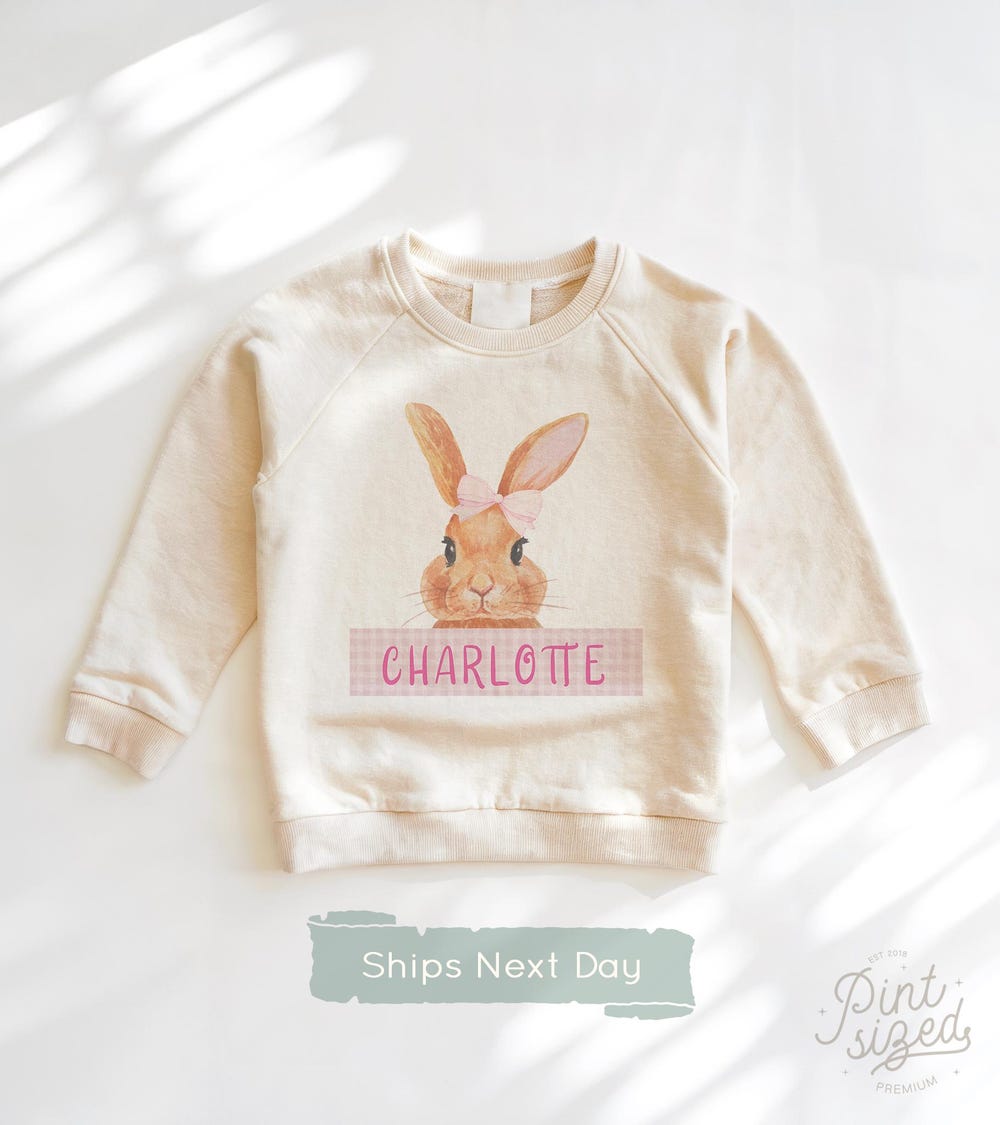 Girls Easter Sweatshirt - Personalized Easter Bunny Pullover - Spring Natural Crew Neck Blueshirtfarm