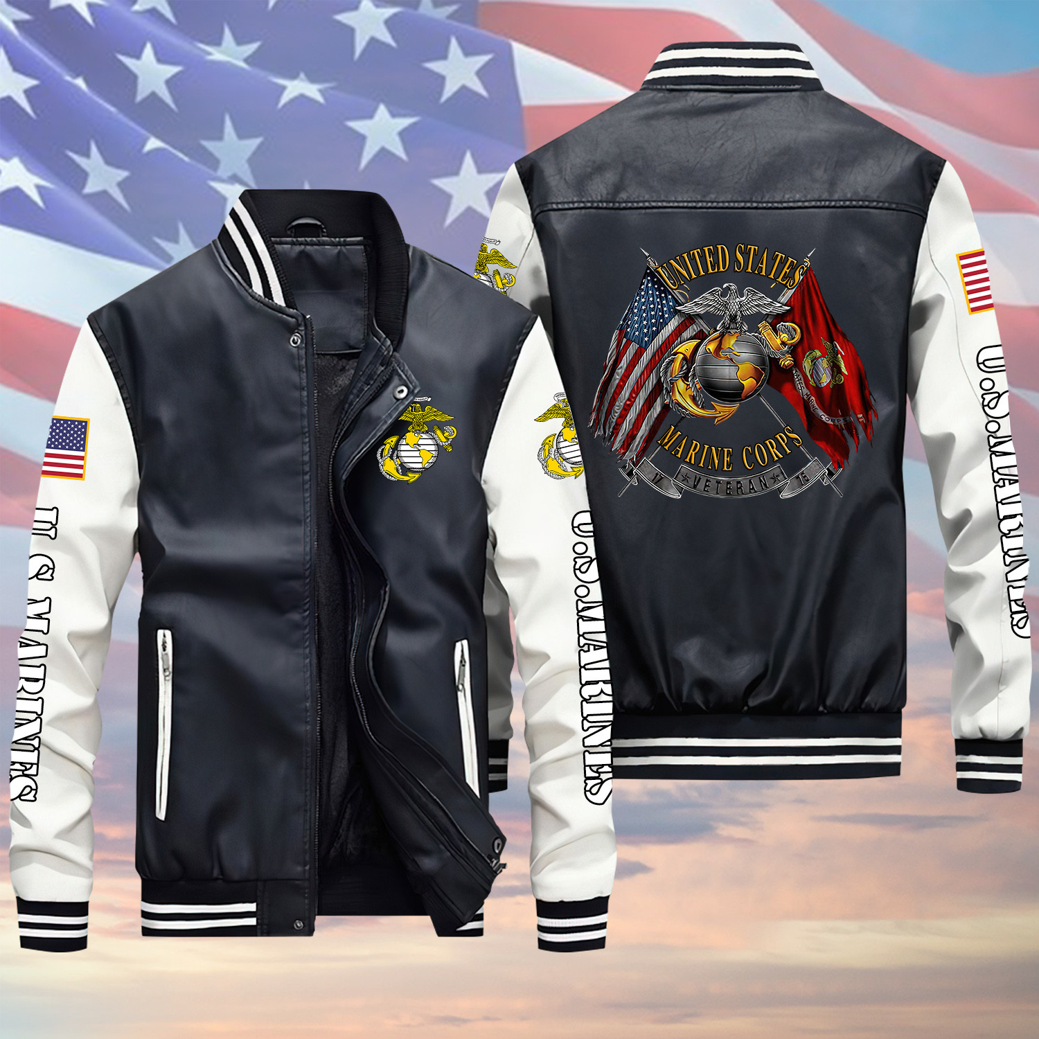 U.S Marine Corps Veteran Proud Flag Black Winter Gear Leather Bomber Leterman Varsity Jacket