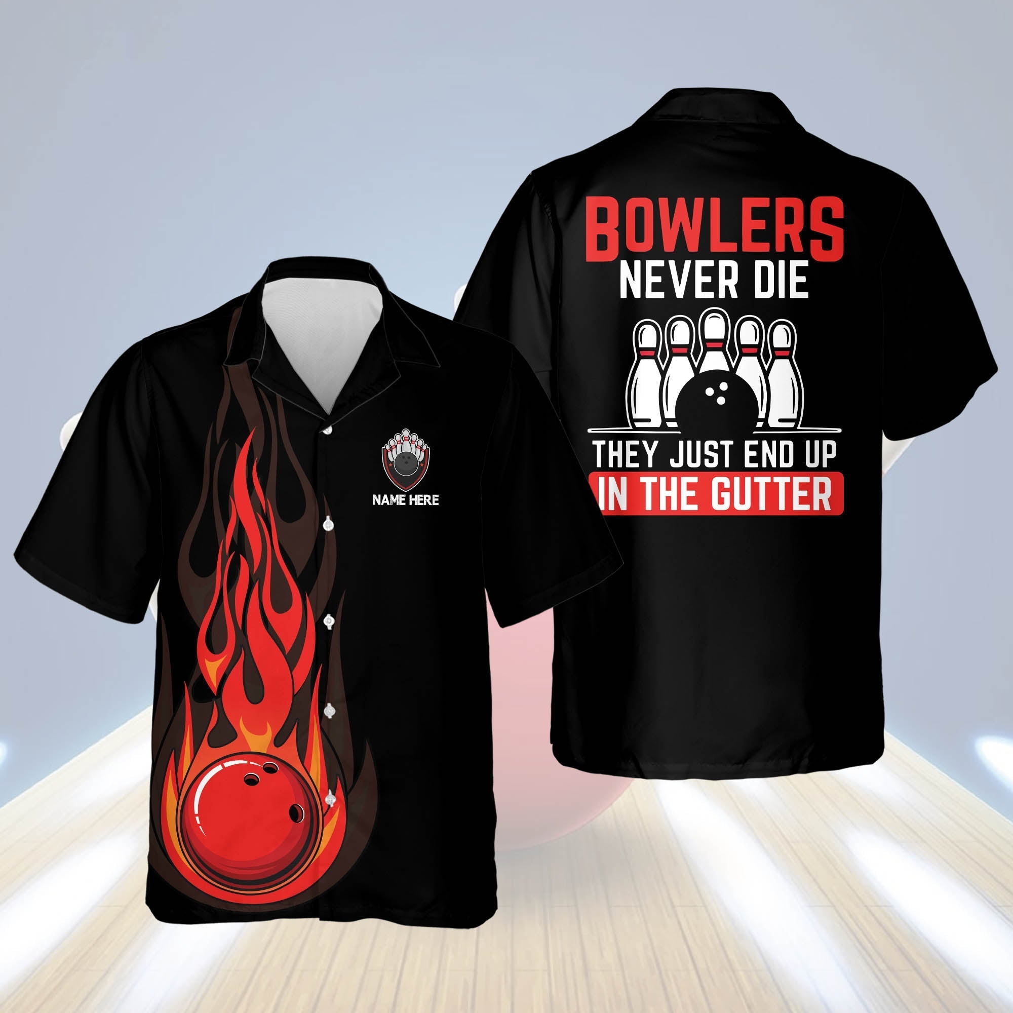 Personalized Name Bowling Hawaiian Shirt, They Just End Up In The Gutter Flame Hawaiian Shirt, Bowling Hawaiian Shirt For Men