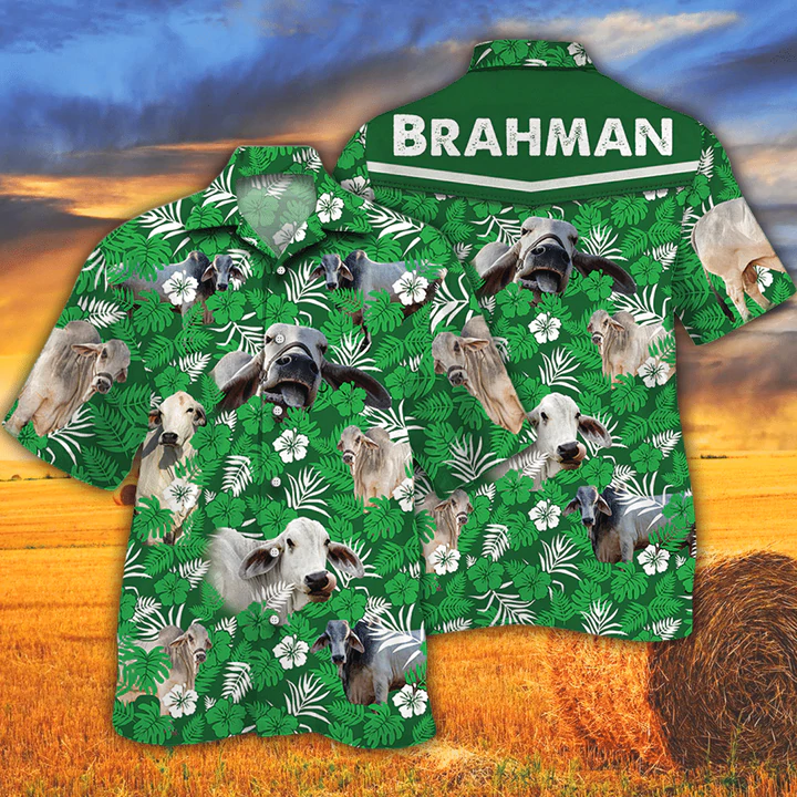 Cow Tropical Cow Men Hawaiian Shirts – Brahman Cattle Lovers Green Floral Pattern Hawaiian Shirt