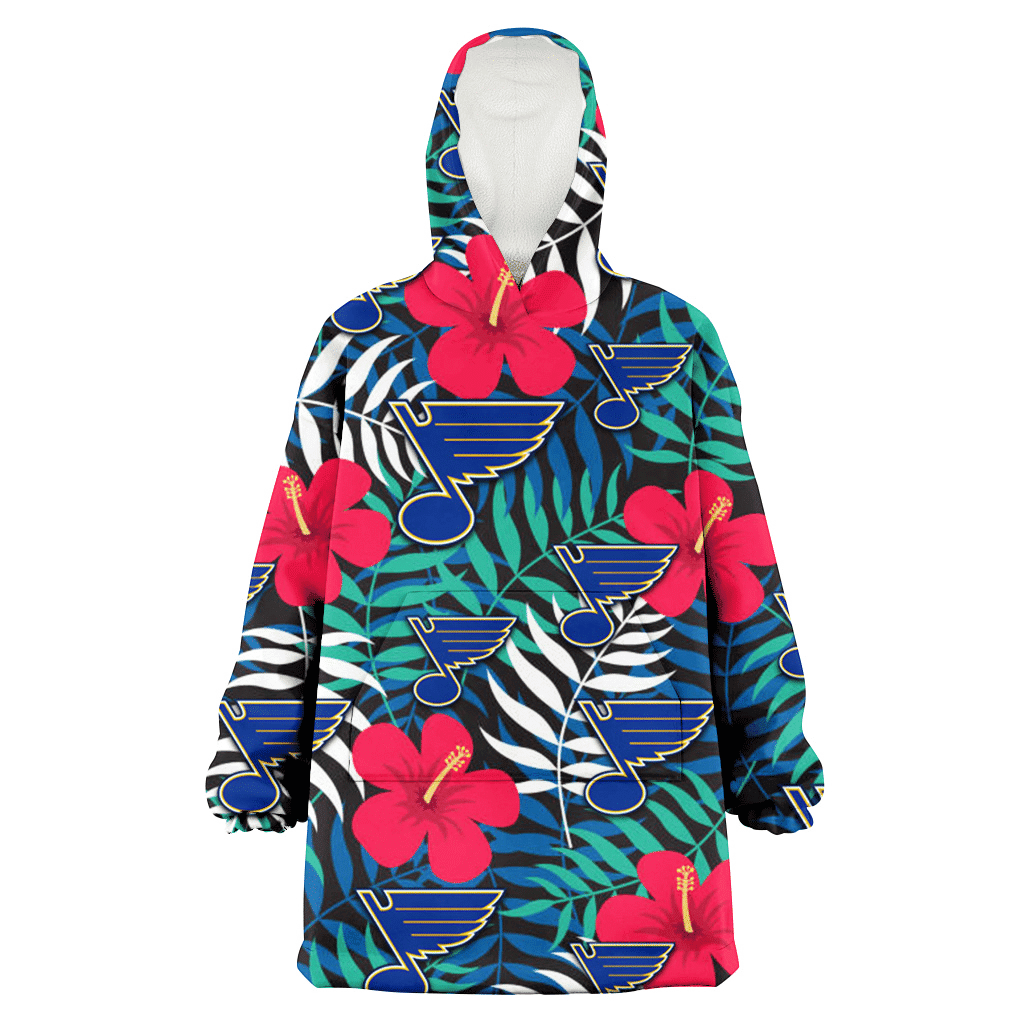 St. Louis Blues Red Hibiscus Green Blue White Leaf Black Background 3D Printed Hoodie Blanket Snug Hoodie